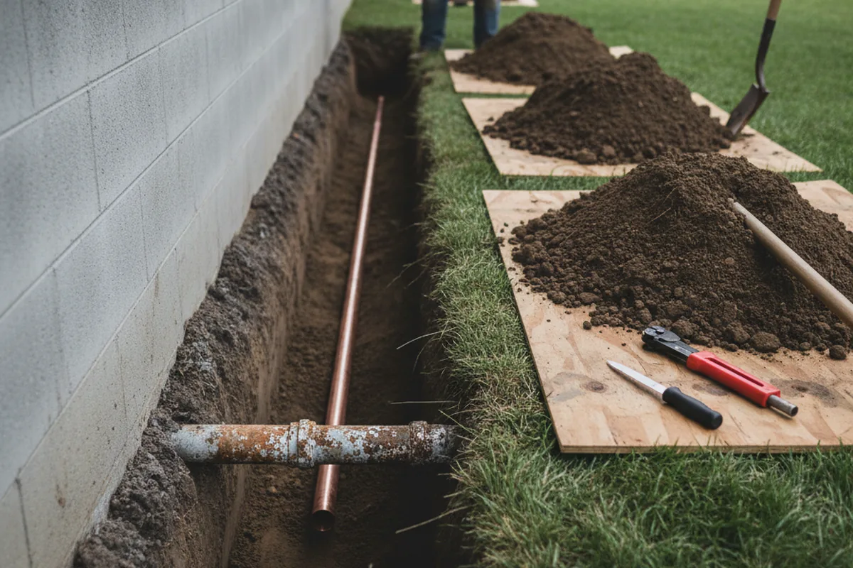 Excavated water line trench during Water Softener Installation in West Granby